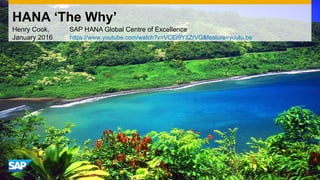 HANA ‘The Why’
Henry Cook, SAP HANA Global Centre of Excellence
January 2016 https://www.youtube.com/watch?v=VCEr9Y8ZrVQ&feature=youtu.be
 