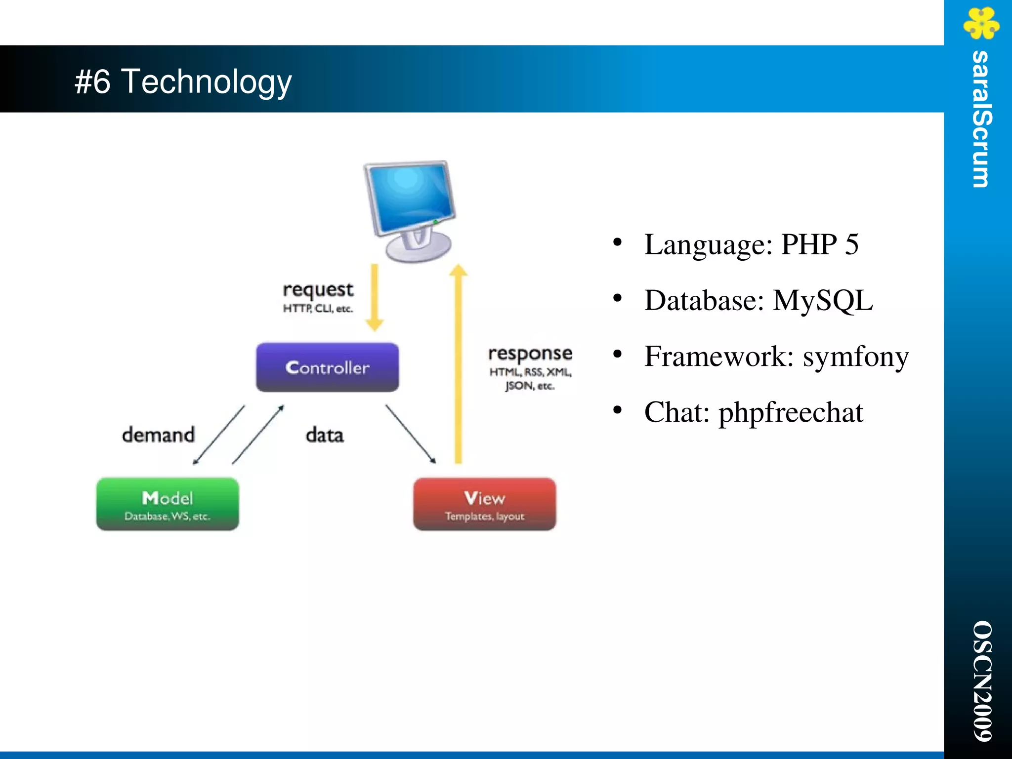 saralScrum
#6 Technology



                ●
                    Language: PHP 5
                ●
                    Database: MySQL
                ●
                    Framework: symfony
                ●
                    Chat: phpfreechat




                                         OSCN2009
 