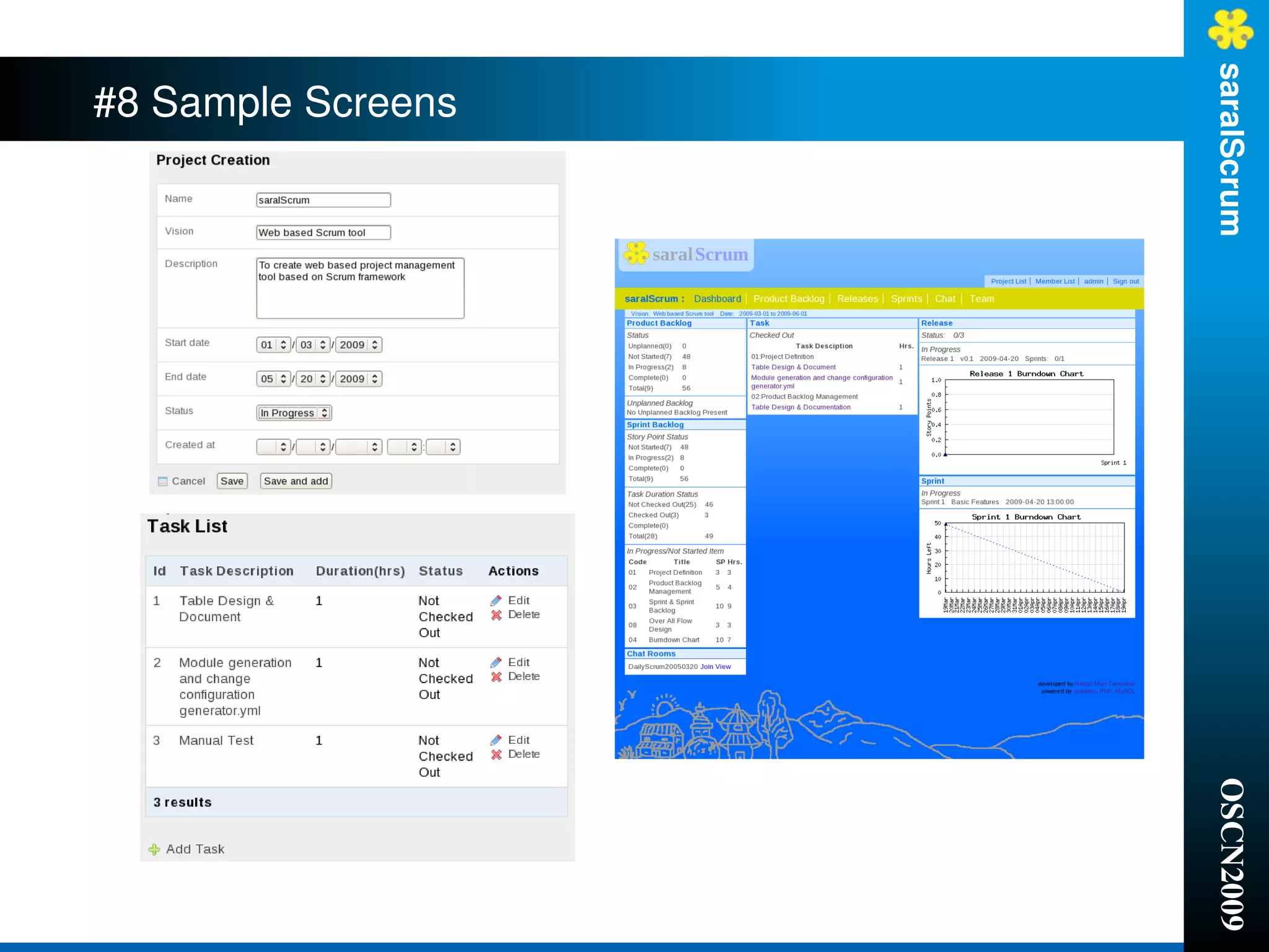 saralScrum          OSCN2009
#8 Sample Screens
 