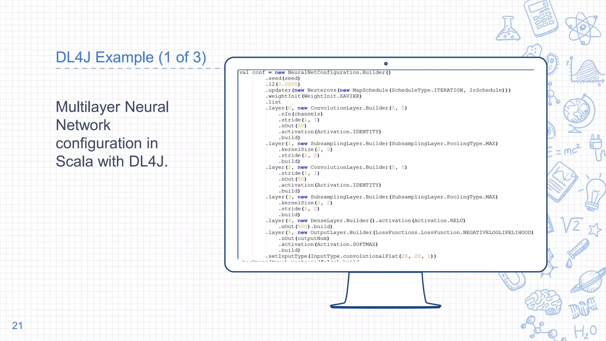 Place your screenshot here
DL4J Example (1 of 3)
Multilayer Neural
Network
configuration in
Scala with DL4J.
21
 
