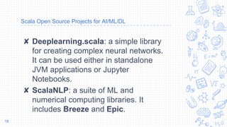 Scala Open Source Projects for AI/ML/DL
✘ Deeplearning.scala: a simple library
for creating complex neural networks.
It can be used either in standalone
JVM applications or Jupyter
Notebooks.
✘ ScalaNLP: a suite of ML and
numerical computing libraries. It
includes Breeze and Epic.
18
 