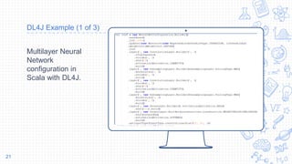 Place your screenshot here
DL4J Example (1 of 3)
Multilayer Neural
Network
configuration in
Scala with DL4J.
21
 