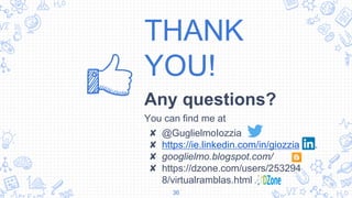 THANK
YOU!
Any questions?
You can find me at
✘ @GuglielmoIozzia
✘ https://ie.linkedin.com/in/giozzia
✘ googlielmo.blogspot.com/
✘ https://dzone.com/users/253294
8/virtualramblas.html
36
 