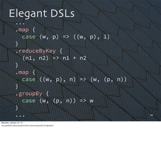 59
Elegant DSLs
...
.map {
case (w, p) => ((w, p), 1)
}
.reduceByKey {
(n1, n2) => n1 + n2
}
.map {
case ((w, p), n) => (w, (p, n))
}
.groupBy {
case (w, (p, n)) => w
}
...
Saturday, January 10, 15
You	
  would	
  be	
  hard	
  pressed	
  to	
  ﬁnd	
  a	
  more	
  concise	
  DSL	
  for	
  big	
  data!!
 