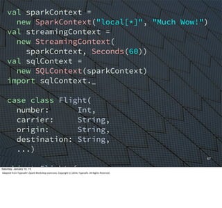 67
val sparkContext =
new SparkContext("local[*]", "Much Wow!")
val streamingContext =
new StreamingContext(
sparkContext, Seconds(60))
val sqlContext =
new SQLContext(sparkContext)
import sqlContext._
case class Flight(
number: Int,
carrier: String,
origin: String,
destination: String,
...)
object Flight {
def parse(str: String): Option[Flight]=
{...}
}
Saturday, January 10, 15
Adapted	
  from	
  Typesafe's	
  Spark	
  Workshop	
  exercises.	
  Copyright	
  (c)	
  2014,	
  Typesafe.	
  All	
  Rights	
  Reserved.
 