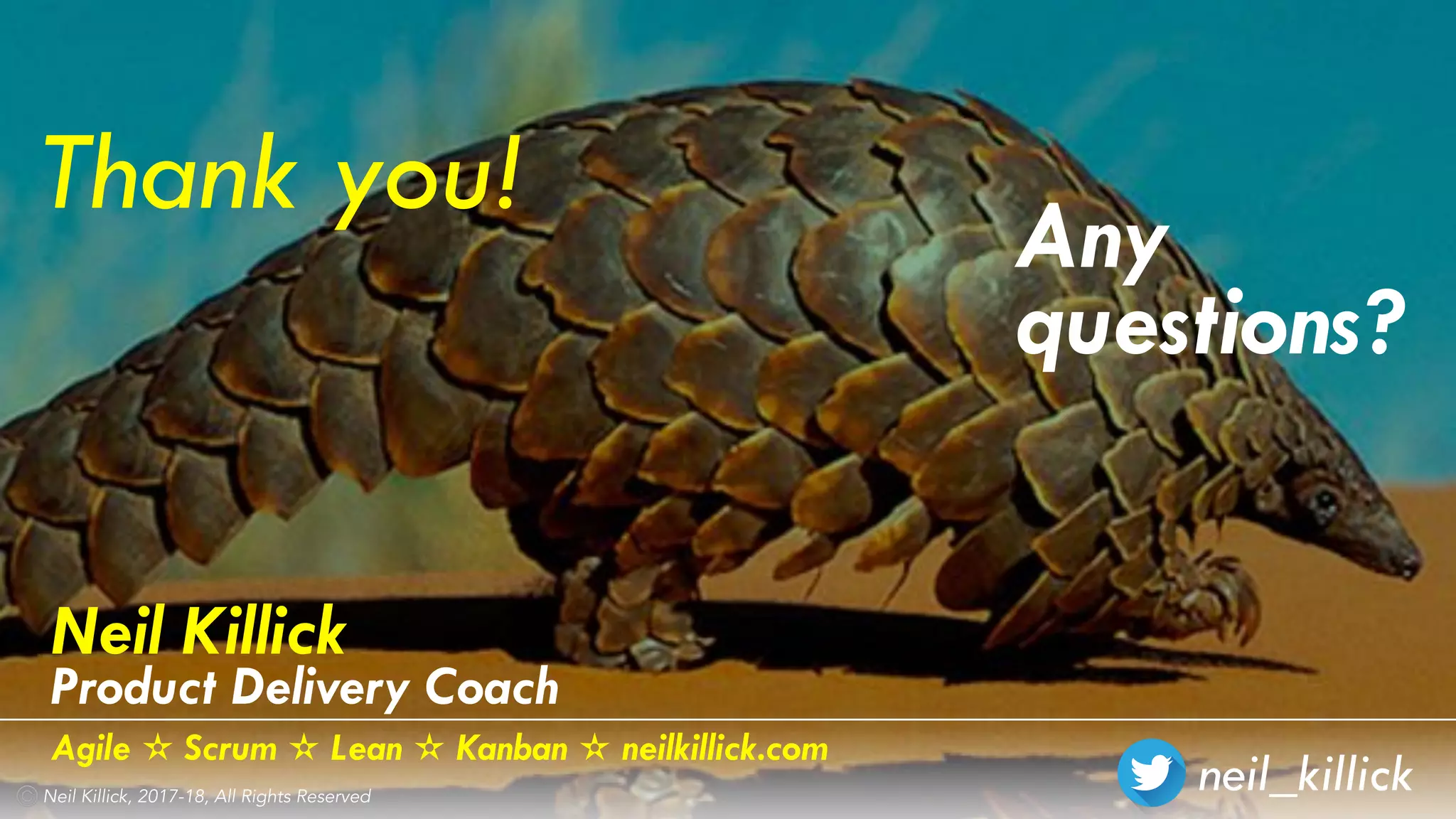 neil_killickNeil Killick, 2017-18, All Rights Reserved
Any
questions?
Thank you!
Neil Killick
Product Delivery Coach
Agile ✫ Scrum ✫ Lean ✫ Kanban ✫ neilkillick.com
 
