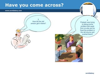 Have you come across? 1 Guys, I heard you have finally cracked the cluster problem!! Congratulations !! What was it?  2 It’s a silly mistake boss!! An old version of the code was over-written which did not serialize the property files. 3 How did the old version get in there? 4 Prakash was trying to debug some problem last week from on-site and he fixed the problem in the old source and pushed them!! 