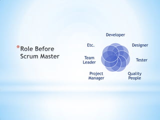 Developer

     Etc.                     Designer
*
     Team
                                Tester
    Leader

      Project               Quality
      Manager               People
 