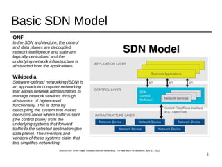 11
Basic SDN Model
ONF
In the SDN architecture, the control
and data planes are decoupled,
network intelligence and state are
logically centralized and the
underlying network infrastructure is
abstracted from the applications.
Wikipedia
Software-defined networking (SDN) is
an approach to computer networking
that allows network administrators to
manage network services through
abstraction of higher-level
functionality. This is done by
decoupling the system that makes
decisions about where traffic is sent
(the control plane) from the
underlying systems that forward
traffic to the selected destination (the
data plane). The inventors and
vendors of these systems claim that
this simplifies networking
Source: ONF White Paper Software-Defined Networking: The New Norm for Networks, April 13, 2012
 