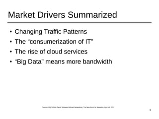 8
Market Drivers Summarized
● Changing Traffic Patterns
● The “consumerization of IT”
● The rise of cloud services
● “Big Data” means more bandwidth
Source: ONF White Paper Software-Defined Networking: The New Norm for Networks, April 13, 2012
 