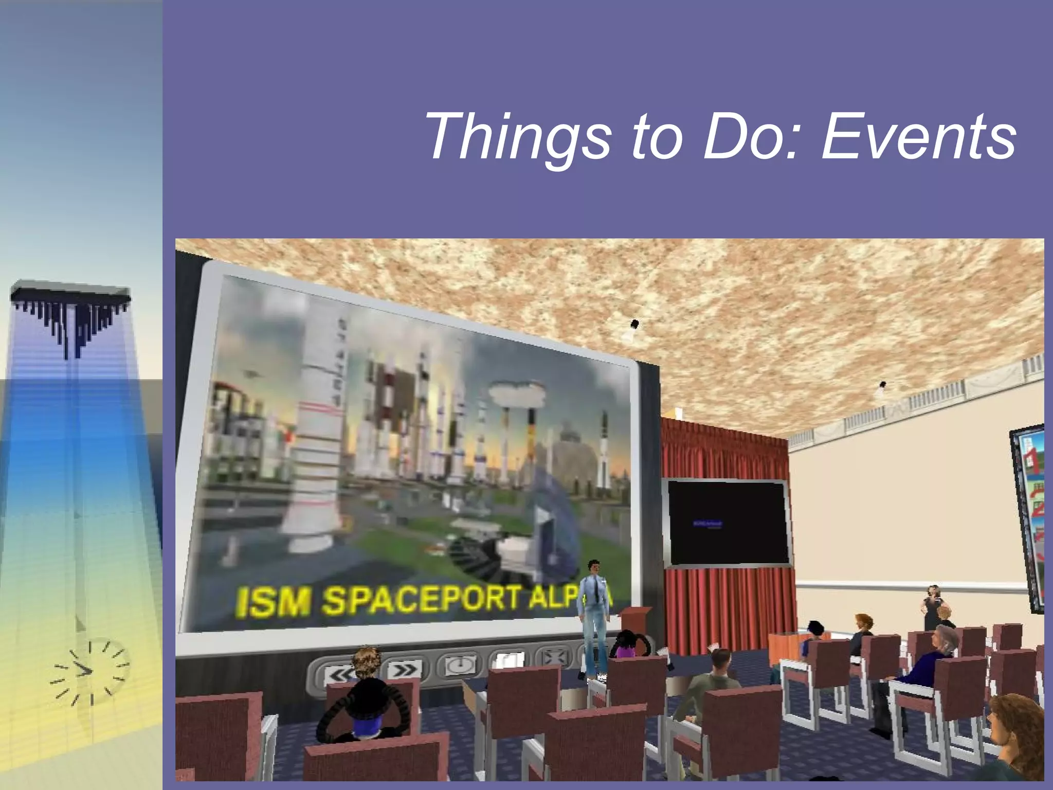 Things to Do: Events Images of presenter with slides in front of a conference audience at the Second Life Best Practices in Education annual meeting. 