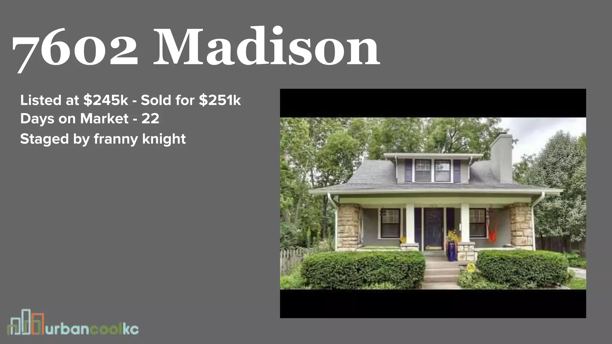 7602 Madison
Listed at $245k - Sold for $251k
Days on Market - 22
Staged by franny knight
 