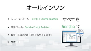 オールインワン
• フレームワーク - Ext JS / Sencha Touchch
• 開発ツール - Sencha Cmd / Architect
• 教育 - Training (日本でもやってます)
• サポート
すべてを	

Sencha で
 