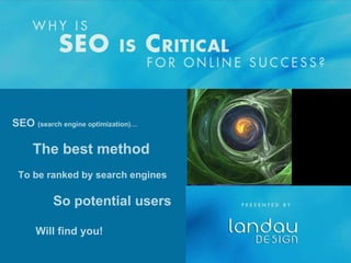 SEO  (search engine optimization)… The best method So potential users To be ranked by search engines Will find you! 