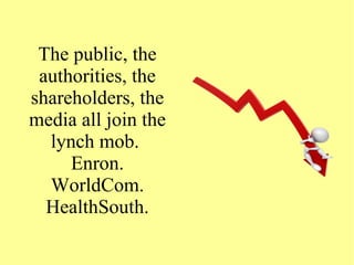The public, the
authorities, the
shareholders, the
media all join the
lynch mob.
Enron.
WorldCom.
HealthSouth.
 