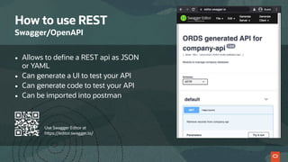 How to use REST
Swagger/OpenAPI
• Allows to define a REST api as JSON
or YAML
• Can generate a UI to test your API
• Can generate code to test your API
• Can be imported into postman
Use Swagger Editor at
https://editor.swagger.io/
 