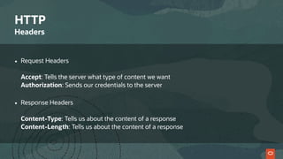 HTTP
Headers
• Request Headers 
 
Accept: Tells the server what type of content we want 
Authorization: Sends our credentials to the server 
• Response Headers 
 
Content-Type: Tells us about the content of a response 
Content-Length: Tells us about the content of a response
 