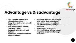 ￮ Sampling data rely on Gaussian
distribution but not aware of
correlation between features
￮ Have to define complexity in
advance
￮ Instability of explanation
￮ It’s possible that a linear model
might not be powerful enough
to explain
Advantage vs Disadvantage
￮ Any Complex models with
single Interpretable
￮ Easy, Concise, Human-friendly
Explanation
￮ Can be applied for Tabular,
Text, and Image
￮ Easy to implement in R and
Python
￮ Different & Less Features than
Original models
16
 