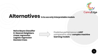 Alternatives is to use only interpretable models
❖ Naive Bayes Classifier
❖ K-Nearest Neighbors
❖ Linear regression
❖ Logistic regression
❖ Decision trees
5
Predictive performance is LOST
compared to other complex machine
learning models
 