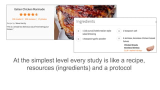 At the simplest level every study is like a recipe,
resources (ingredients) and a protocol
 