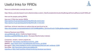 Useful links for RRIDs
Resource authentication example document:
https://library.ucsd.edu/research-and-collections/data-curation/_files/ExampleAuthenticationKeyBiologicalChemicalResources201609b.pdf
Here are the people pushing RRIDs:
Here are 2 FOAs that mention RRIDs
https://grants.nih.gov/grants/guide/rfa-files/RFA-DA-18-014.html
https://grants.nih.gov/grants/guide/rfa-files/RFA-DK-17-010.html
Cell Press, eLife etc instructions to authors that we have found so far
https://docs.google.com/spreadsheets/d/1cGtY2oIMfBzg6MKei_S2niCbu0Cici2n17dZNLgBdNw/edit#gid=1245999377
External Resolvers back RRIDs
n2t.net/RRID:AB_90755 (California Digital Library)
identifiers.org/RRID/RRID:AB_90755 (European Bioinformatics institute)
Companies, vendors, random projects etc
Cellosaurus: web.expasy.org/cellosaurus/CVCL_2260
MMRRC: https://www.mmrrc.org/catalog/sds.php?mmrrc_id=32045
BioLegend: https://www.biolegend.com/en-us/products/purified-anti-akt1-antibody-12289
NeuroMab: http://neuromab.ucdavis.edu/catalog.cfm
Hypothes.is https://web.hypothes.is/blog/introducing-developer-api-tokens/
 
