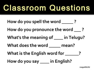nagaRAJU
How do you spell the word _____ ?
How do you pronounce the word ___ ?
What's the meaning of ____ in Telugu?
What does the word _____ mean?
What is the English word for ______?
How do you say ____ in English?
Classroom Questions
 