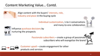 Align content with the buyers’ interests, role,
industry and place in the buying cycle
Individual customization, 1-to-1 conversations
and many-to-one collaboration
Influence purchase decisions by
nurturing the prospects
Passionate subscribers – create a group of passionate
subscribers who will evangelize the brand
Customer upsell – create engagement for other
products and services
Content Marketing Value… Contd.
14
 