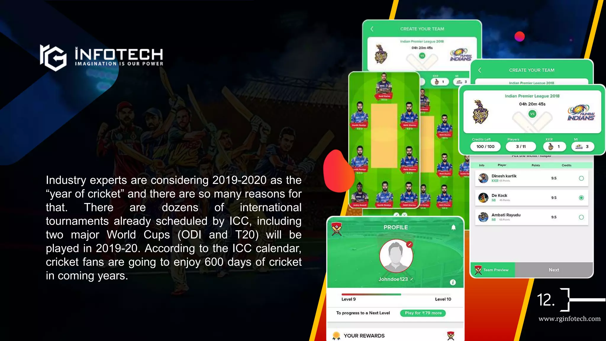 Industry experts are considering 2019-2020 as the
“year of cricket” and there are so many reasons for
that. There are dozens of international
tournaments already scheduled by ICC, including
two major World Cups (ODI and T20) will be
played in 2019-20. According to the ICC calendar,
cricket fans are going to enjoy 600 days of cricket
in coming years.
www.rginfotech.com
 