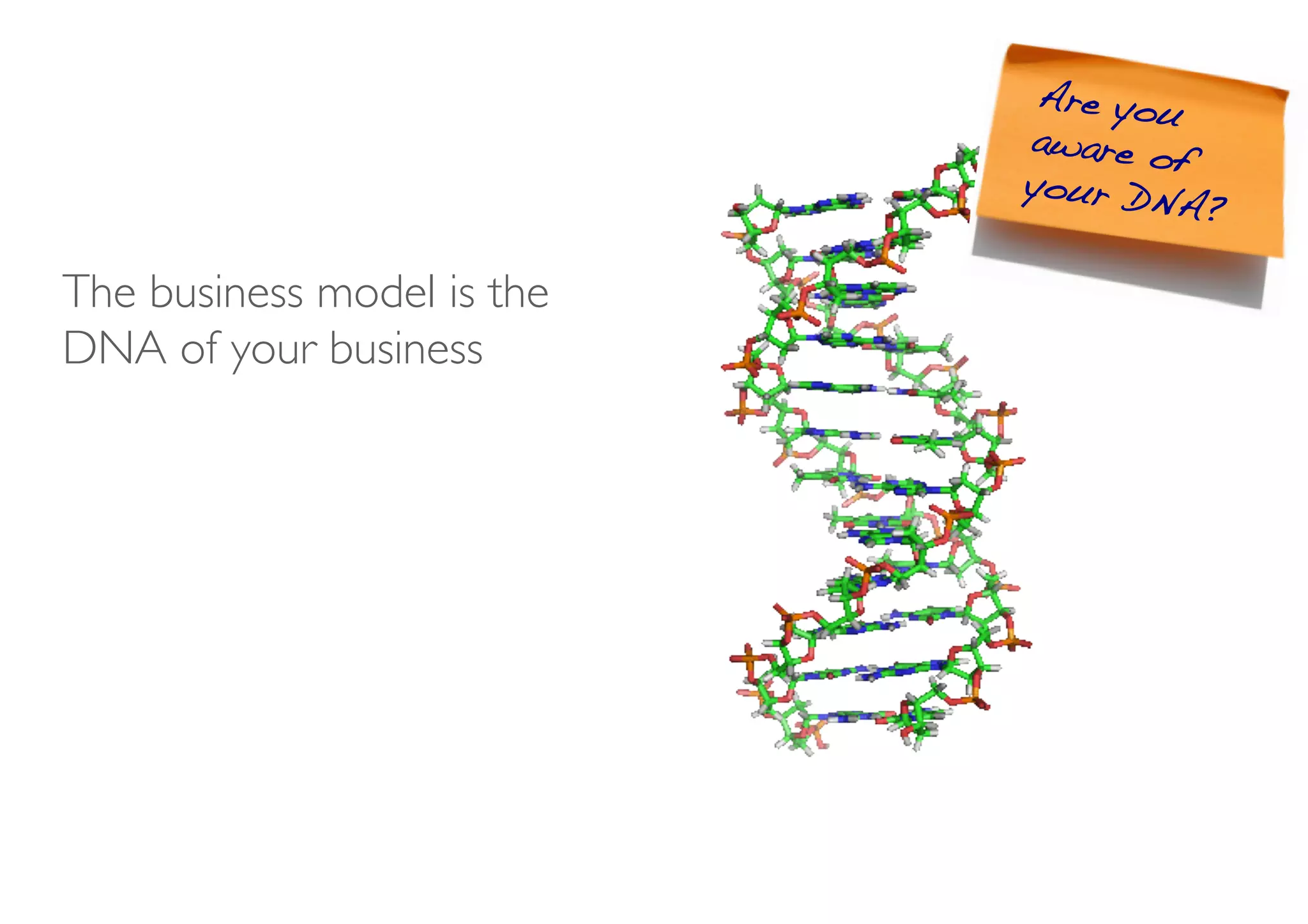 Are you
                            aware o
                                    f
                            your DN
                                    A?!

The business model is the
DNA of your business	

 