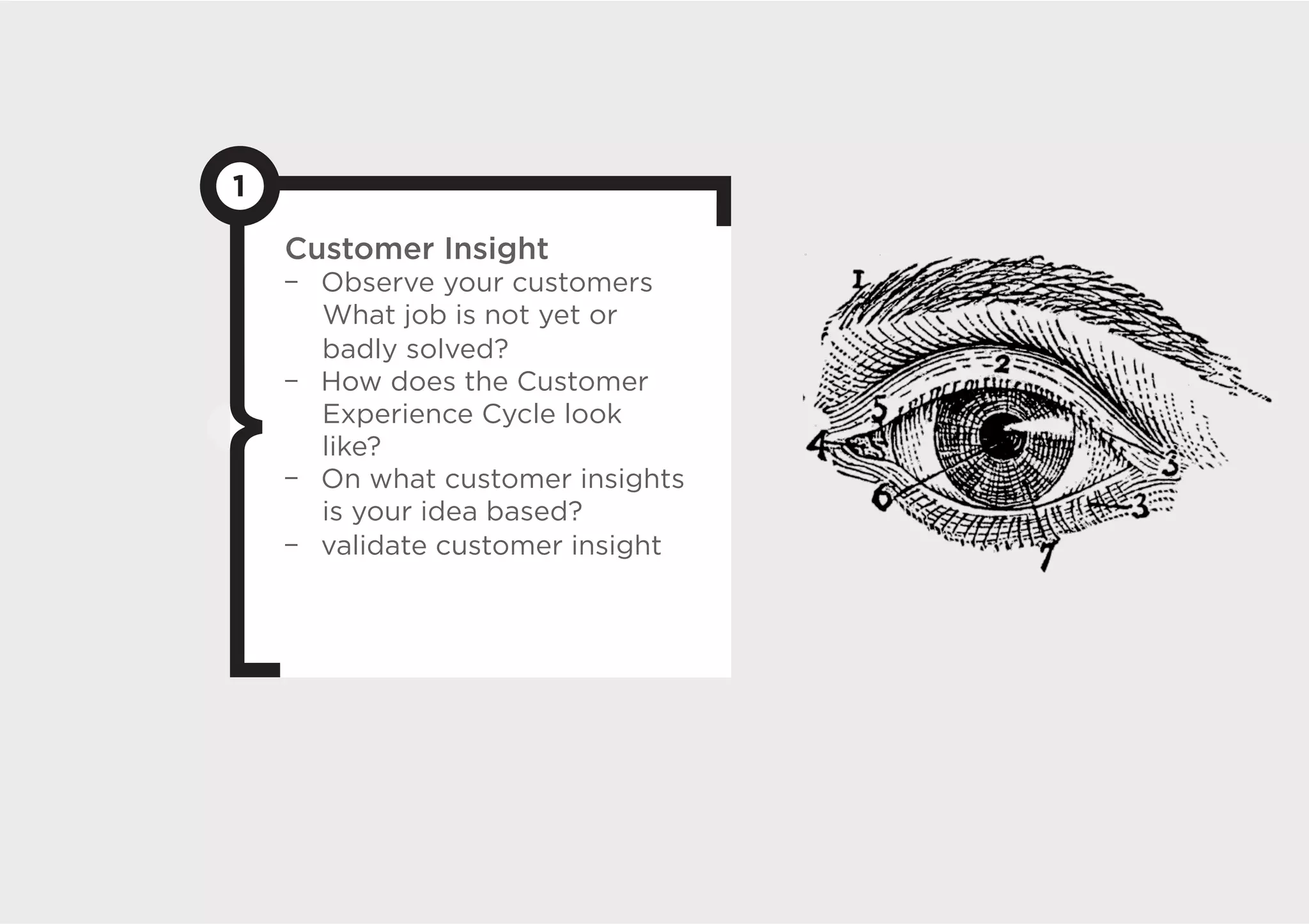1

    Customer Insight
      Observe your customers
      What job is not yet or
      badly solved?
      How does the Customer
      Experience Cycle look
      like?
      On what customer insights
      is your idea based?
      validate customer insight
 