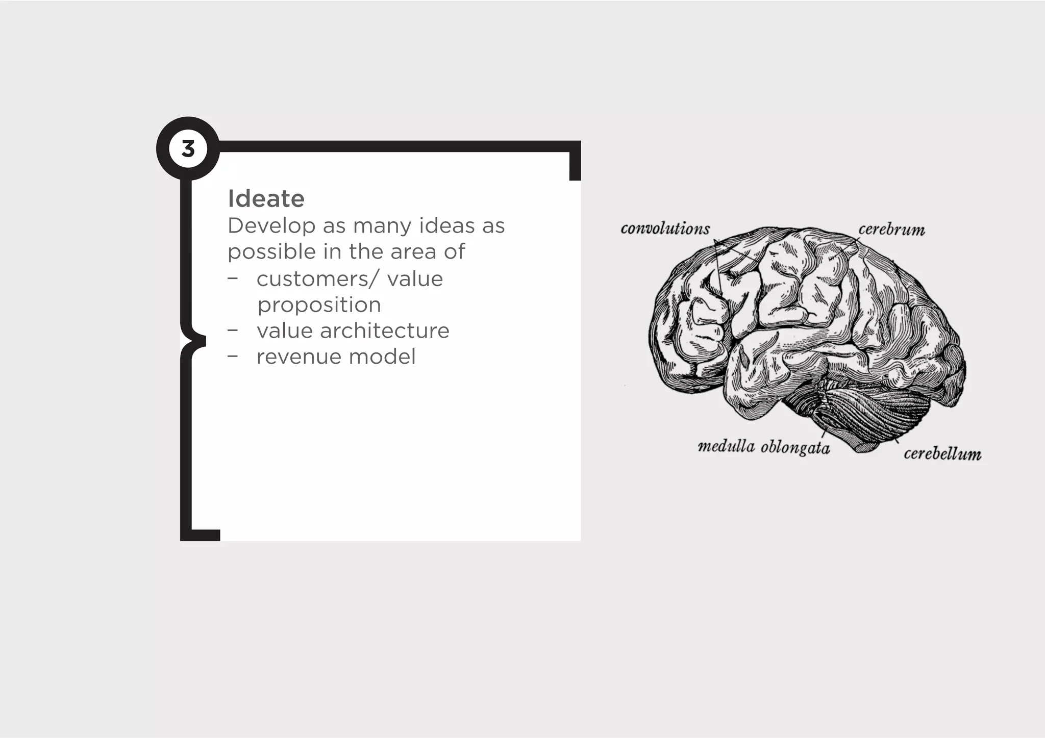 3

    Ideate
    Develop as many ideas as
    possible in the area of
       customers/ value
       proposition
       value architecture
       revenue model
 