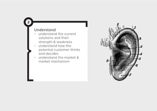 2

    Understand
      understand the current
      solutions and their
      strength  weakness
      understand how the
      potential customer thinks
      and decides
      understand the market 
      market mechanism
 