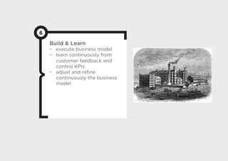 6
    Build  Learn
      execute business model
      learn continuously from
      customer feedback and
      control KPIs
      adjust and reﬁne
      continuously the business
      model
 
