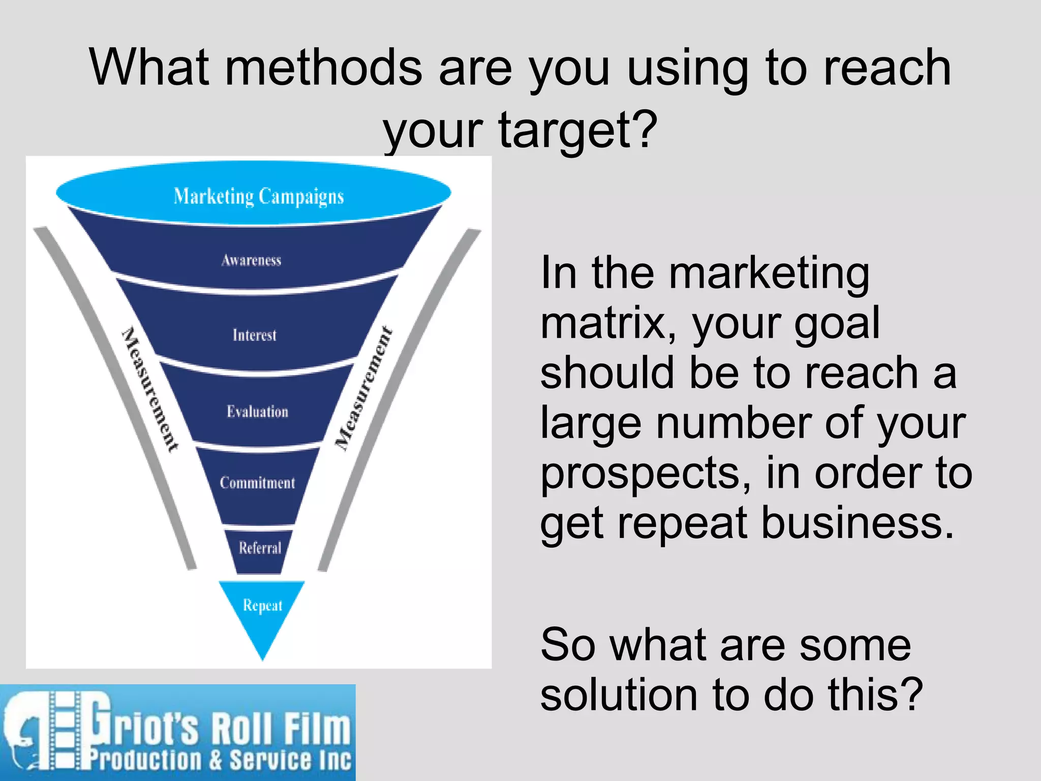 What methods are you using to reach
          your target?

                  In the marketing
                  matrix, your goal
                  should be to reach a
                  large number of your
                  prospects, in order to
                  get repeat business.

                  So what are some
                  solution to do this?
 