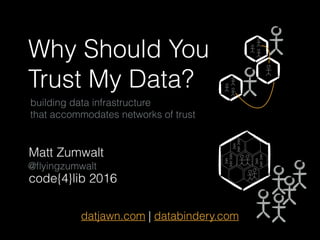 Why Should You
Trust My Data?
building data infrastructure
that accommodates networks of trust
Matt Zumwalt
datjawn.com | databindery.com
@ﬂyingzumwalt
code{4}lib 2016
 
