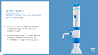 • MICROLIT BEATUS is a Bottle Top Dispenser
(BTD) built on top of all the features of
MICROLIT BEATUS.
• It uses Springles...
