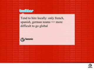Tend to hire locally: only french, spanish, german teams => more difficult to go global 