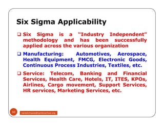  Six Sigma is a “Industry Independent”
methodology and has been successfully
applied across the various organization
 Manufacturing: Automotives, Aerospace,
Health Equipment, FMCG, Electronic Goods,
Continuous Process Industries, Textiles, etc.
 Service: Telecom, Banking and Financial
Services, Health Care, Hotels, IT, ITES, KPOs,
Airlines, Cargo movement, Support Services,
HR services, Marketing Services, etc.
Six Sigma Applicability
 Six Sigma is a “Industry Independent”
methodology and has been successfully
applied across the various organization
 Manufacturing: Automotives, Aerospace,
Health Equipment, FMCG, Electronic Goods,
Continuous Process Industries, Textiles, etc.
 Service: Telecom, Banking and Financial
Services, Health Care, Hotels, IT, ITES, KPOs,
Airlines, Cargo movement, Support Services,
HR services, Marketing Services, etc.
10 nareshchawla@tqmbizschool.org
 