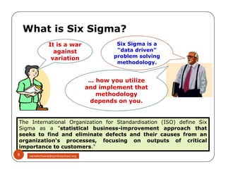 It is a war
against
variation
Six Sigma is a
“data driven”
problem solving
methodology.
… how you utilize
and implement that
methodology
depends on you.
What is Six Sigma?
… how you utilize
and implement that
methodology
depends on you.
The International Organization for Standardisation (ISO) define Six
Sigma as a "statistical business-improvement approach that
seeks to find and eliminate defects and their causes from an
organization's processes, focusing on outputs of critical
importance to customers."
8 nareshchawla@tqmbizschool.org
 
