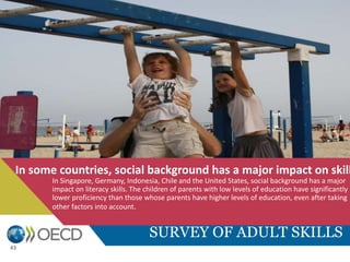 SURVEY OF ADULT SKILLS
43
In some countries, social background has a major impact on skill
In Singapore, Germany, Indonesia, Chile and the United States, social background has a major
impact on literacy skills. The children of parents with low levels of education have significantly
lower proficiency than those whose parents have higher levels of education, even after taking
other factors into account.
 