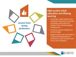 Lessons from
strong
performers
High quality initial
education and lifelong
learning
• Investing in high quality early
childhood education and initial
schooling, particularly for
children from disadvantaged
backgrounds
• Financial support targeted at
disadvantage
• Opportunities and incentives to
continued development of
proficiency, both outside work
and at the workplace.
 