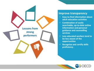 Lessons from
strong
performers
Improve transparency
• Easy-to-find information about
adult education activities
• Combination of easily
searchable, up-to-date online
information and personal
guidance and counselling
services
• Less educated workers tend to
be less aware of the
opportunities
• Recognise and certify skills
proficiency .
 