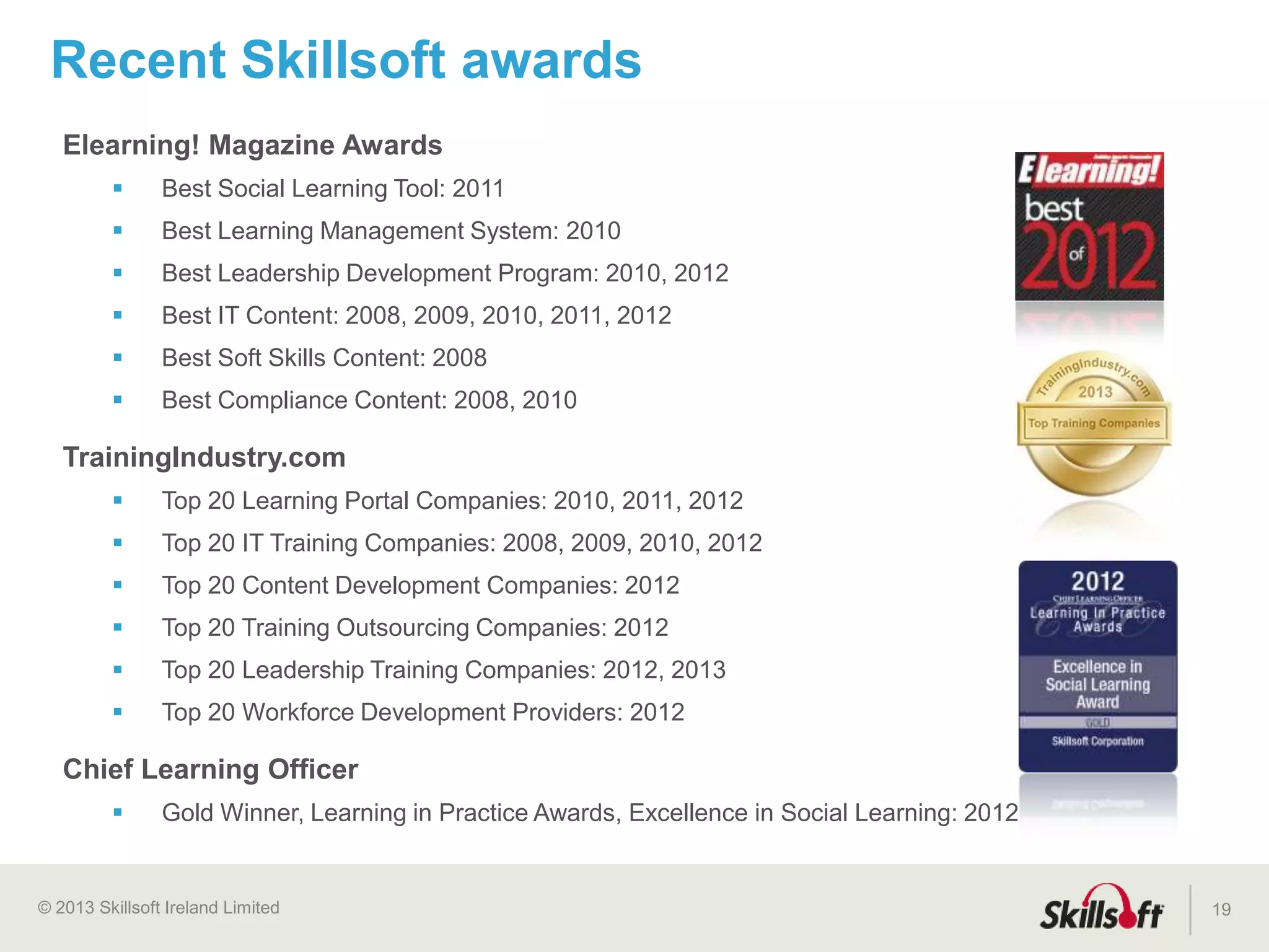 © 2015 Skillsoft Ireland Limited
Skillsoft Learning Growth Model™
19
Supplement
Elearning is introduced to address scalability
challenges and reduce costs, adoption is ad-hoc
Stage 1
Targeted
Targeted learning begins to support specific
initiatives and job roles
Stage 2
Implementation
Phase
Transformation
Phase
Expansion
Phase
 