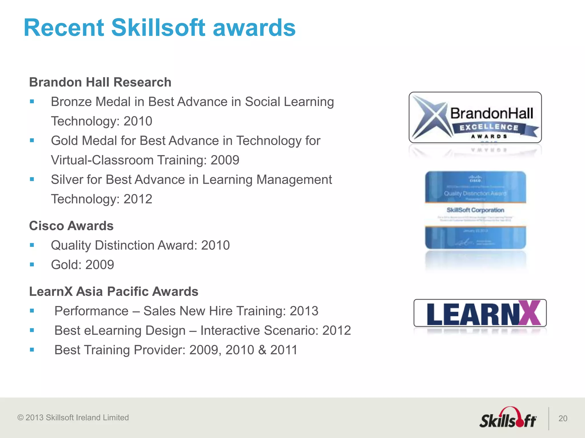 © 2015 Skillsoft Ireland Limited
Skillsoft Learning Growth Model™
20
Supplement
Elearning is introduced to address scalability
challenges and reduce costs, adoption is ad-hoc
Stage 1
Targeted
Targeted learning begins to support specific
initiatives and job roles
Stage 2
Strategic
Learning is aligned to strategic business objectives
and begins to connect to talent management
Stage 3
Implementation
Phase
Transformation
Phase
Expansion
Phase
 