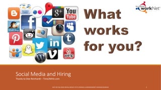 Social Media and Hiring
Thanks to Dee Reinhardt – Time2Mrkt.com
WHY DO YOU NEED SOCIAL MEDIA? HTTP://WWW2.ILLINOISWORKNET.COM/SOCIALMEDIA 1
 
