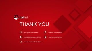 plus.google.com/+RedHat
linkedin.com/company/red-hat
youtube.com/user/RedHatVideos
facebook.com/redhatinc
twitter.com/RedHatNews
THANK YOU
 