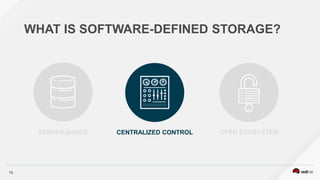 13
WHAT IS SOFTWARE-DEFINED STORAGE?
CENTRALIZED CONTROLSERVER-BASED OPEN ECOSYSTEM
 