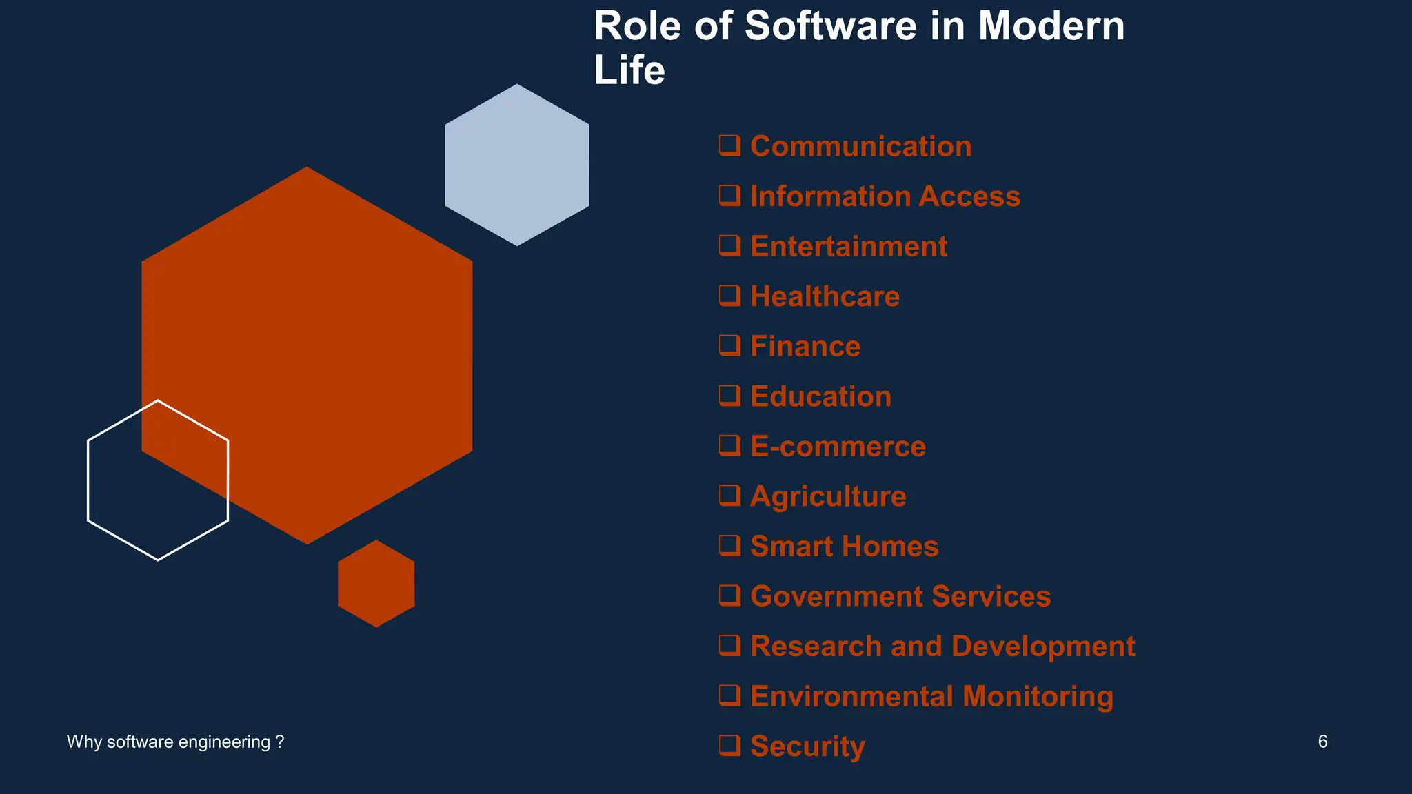 Role of Software in Modern
Life
 Communication
 Information Access
 Entertainment
 Healthcare
 Finance
 Education
 E-commerce
 Agriculture
 Smart Homes
 Government Services
 Research and Development
 Environmental Monitoring
 Security 6
Why software engineering ?
 