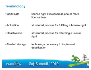 Terminology

Certificate       license right expressed as one or more
                  license lines

Activation        structured process for fulfilling a license right

Deactivation      structured process for returning a license
                  right

Trusted storage   technology necessary to implement
                  deactivation




                                                                 3
 