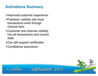 Activations Summary

Improved customer experience
Publisher visibility into most
transactions even through
channel tiers
Customer and channel visibility
into all transactions and current
state
Can still support certificates
Compliance assurance




                                    34
 
